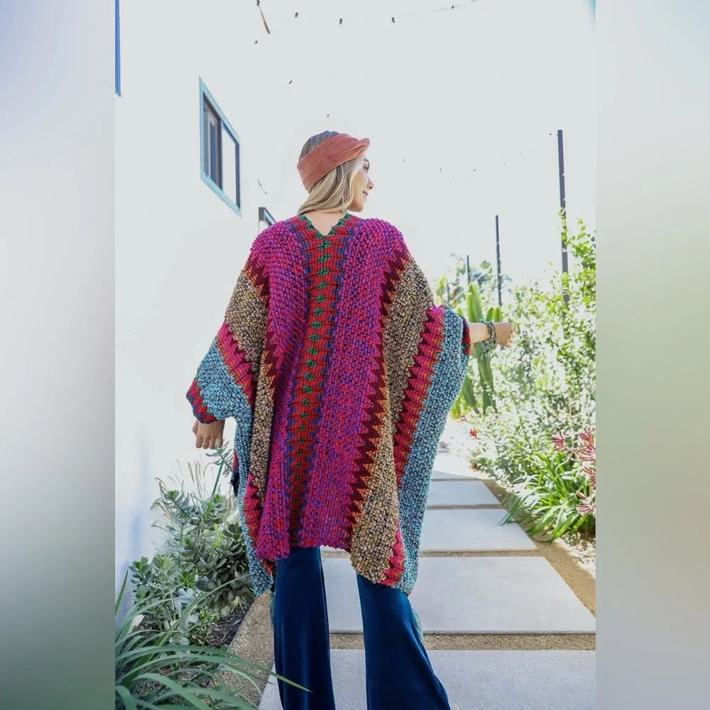Colorful Magenta Western Boho Knit Tassel Kimono